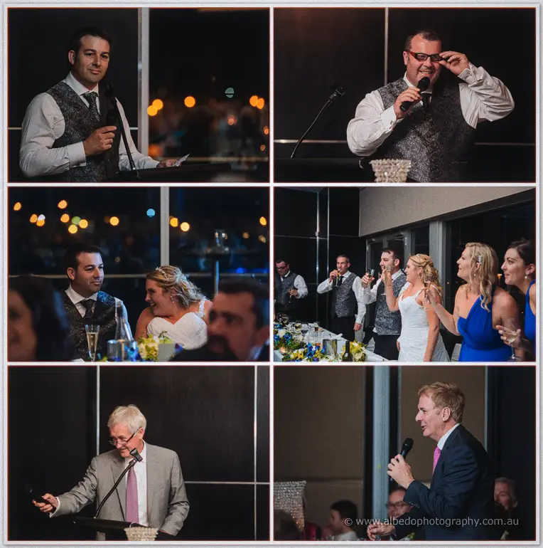 Best man and fathers give animated speeches while Olivia and Max laugh and guests raise their glasses.