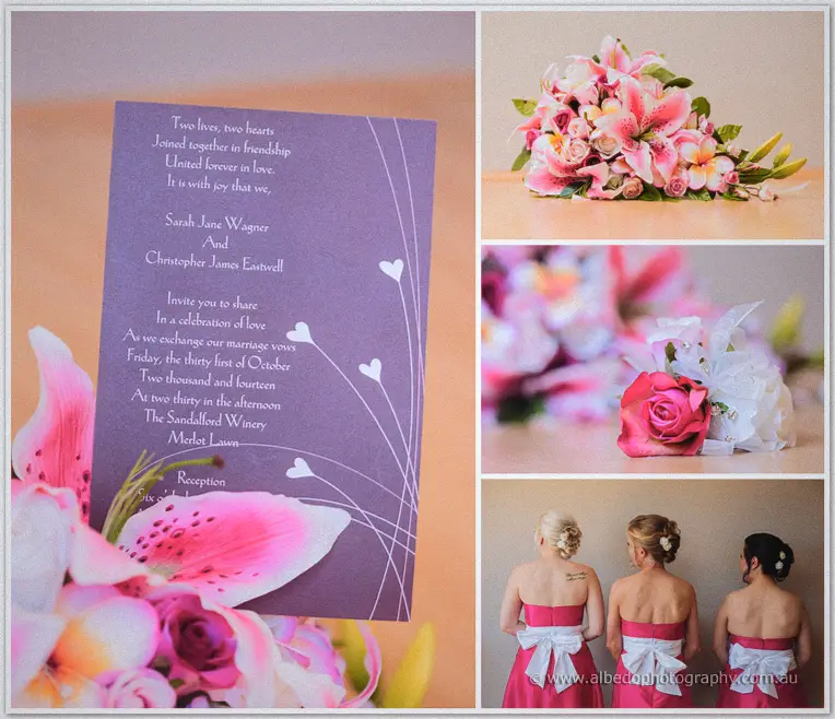Collage of Sarah and Chris's purple invitation, pink lily bouquet, rose buttonhole and bridesmaids.