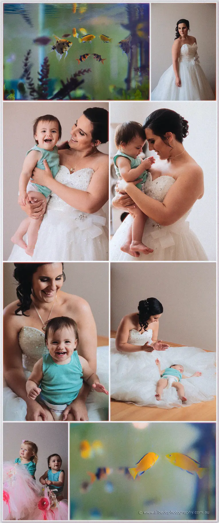 Collage of Sarah cuddling a giggling toddler in teal, plus goldfish tank details and the toddler on her dress.