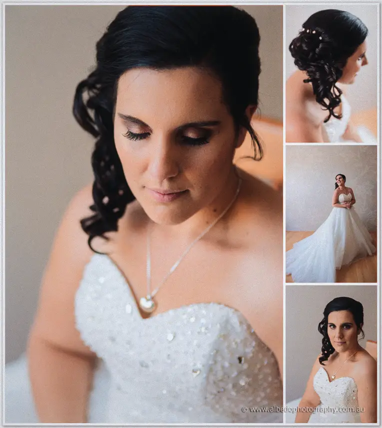 Close portrait of Sarah in her beaded gown with pearl pendant, insets showing her curled updo and full look.