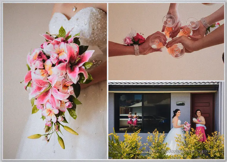 Close-up of Sarah's pink lily and frangipani bouquet beside a champagne toast and farewell at the front door.