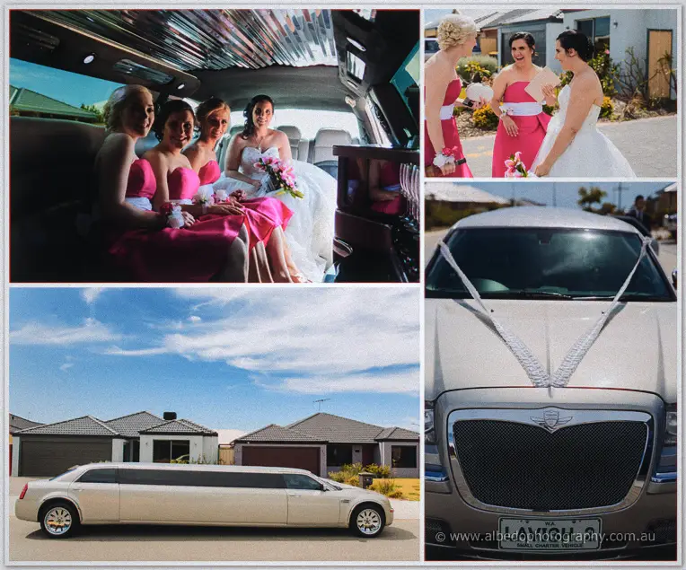 Sarah and her bridesmaids ride a cream stretch limousine, with a grille detail and driveway shot.