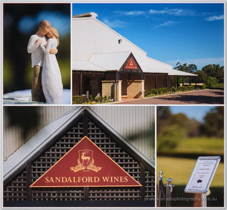 Sandalford Winery details: carved couple figurine, white gabled cellar door and wedding signage under blue sky.