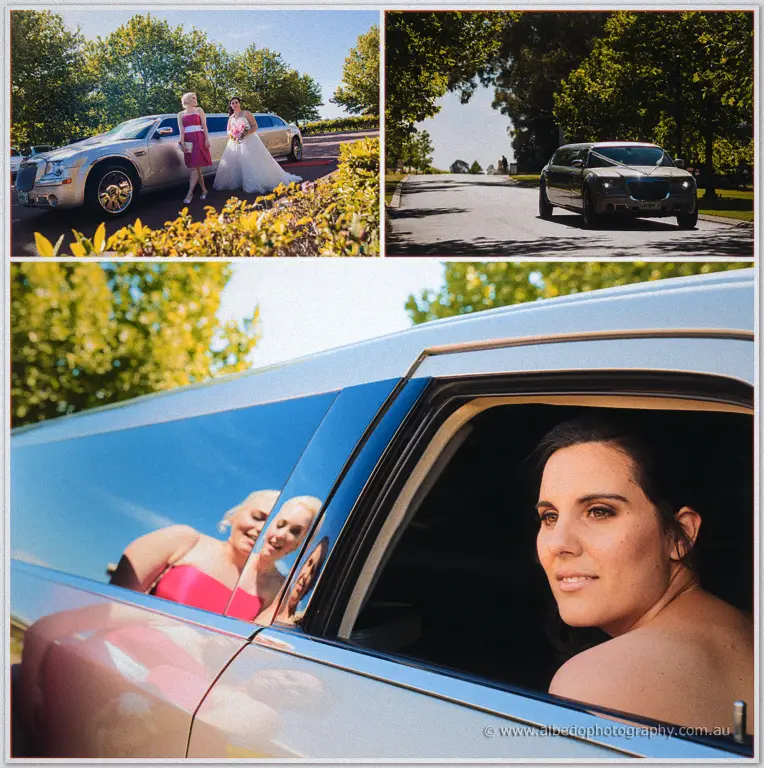 Sarah beams from the limousine window as reflections of her bridesmaids shimmer along the polished door.
