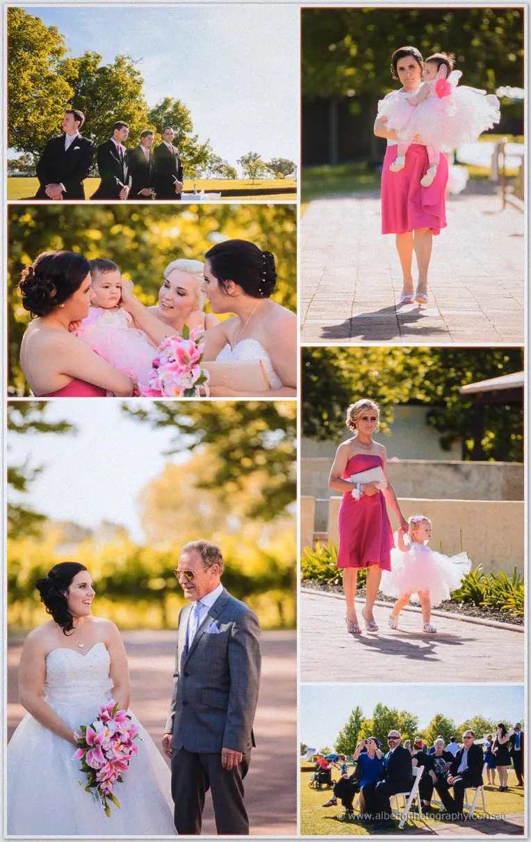 Sarah greets her father with her bouquet as groomsmen wait near the lawn and guests take their seats.