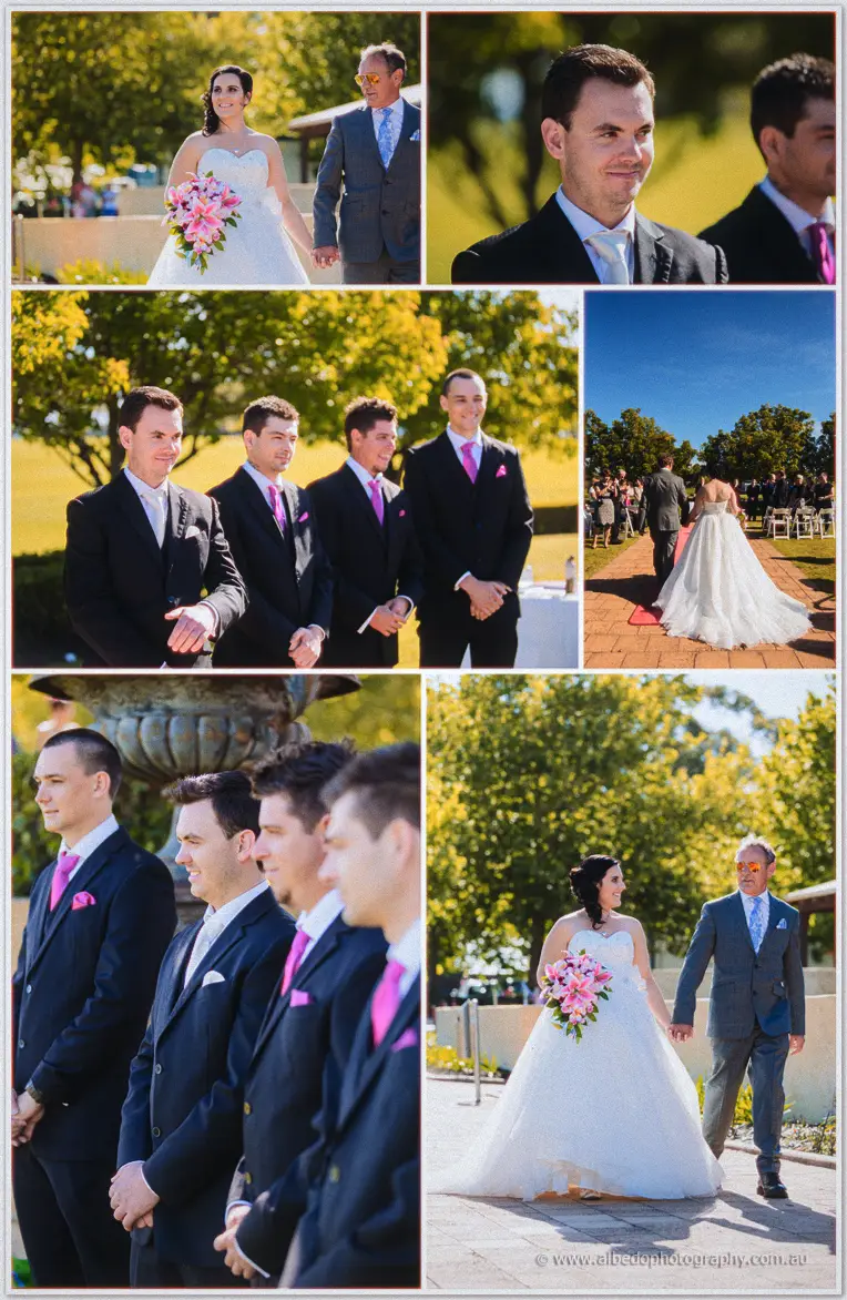 Sarah walks the brick aisle with her father while Chris watches smiling, inset close-ups catching his reaction.