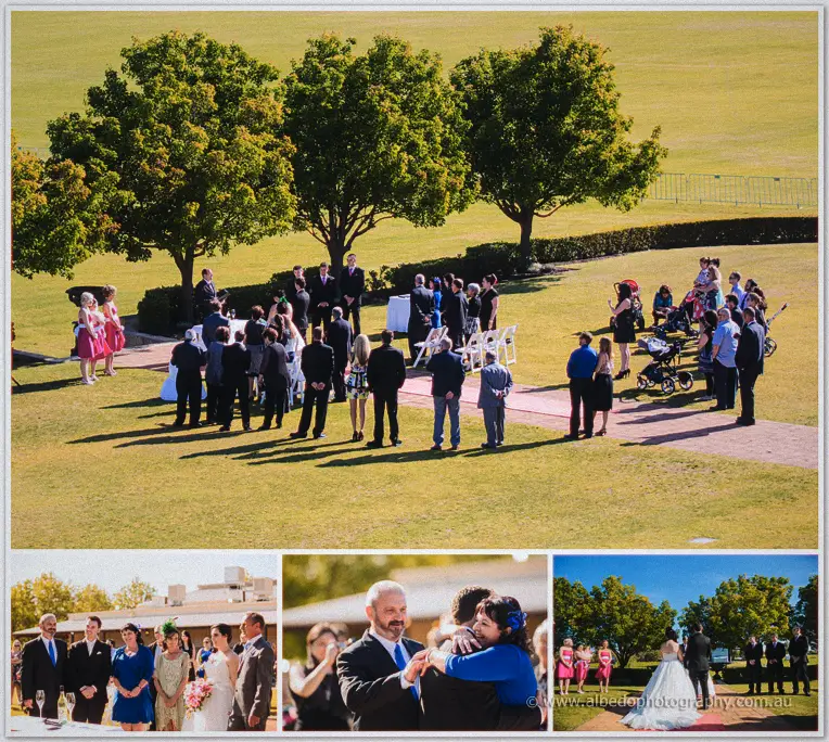 Overhead view of the lawn ceremony at Sandalford, guests ringing the couple beneath big shade trees.
