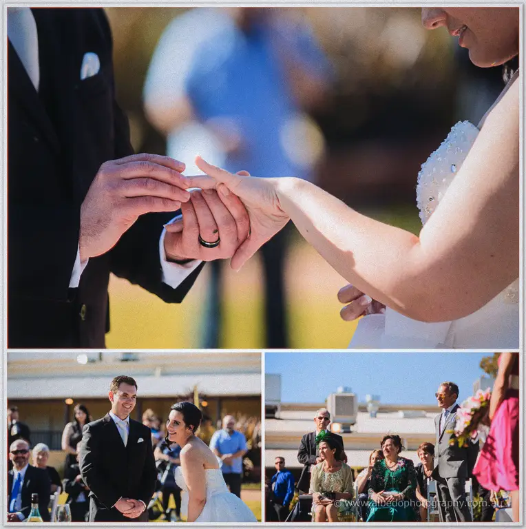 Close-up of Chris sliding the ring onto Sarah's finger in bright sunlight, guests smiling in the insets.