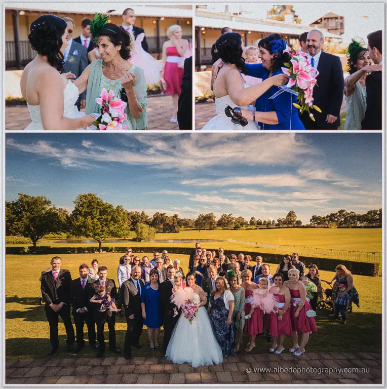 Sarah hugs family guests in fascinators, then the whole crowd gathers for a group photo on the lawns.