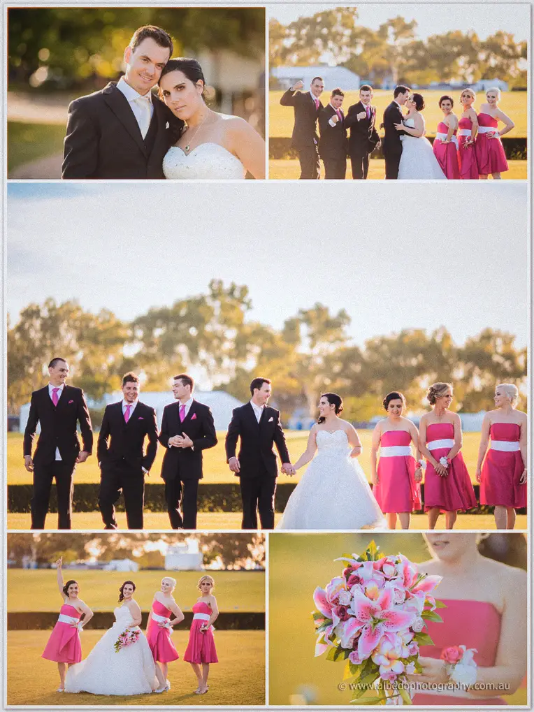 Sarah and Chris pose with groomsmen and pink-dressed bridesmaids across the lawns, bouquet close-up inset.