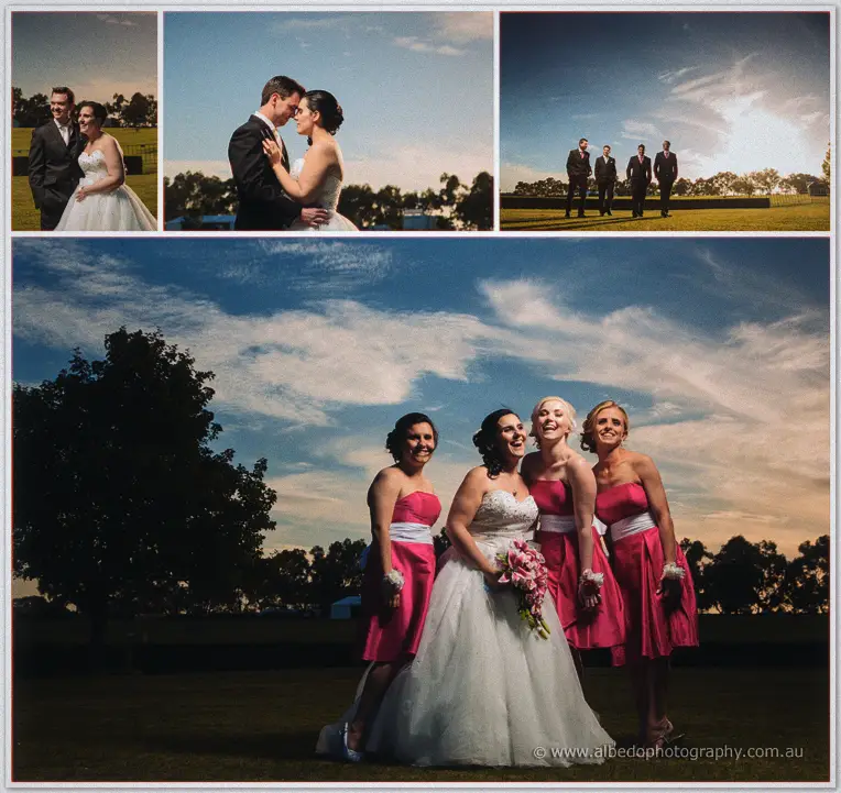 Sarah laughs with her bridesmaids in pink dresses under a dramatic sunset sky at Sandalford.