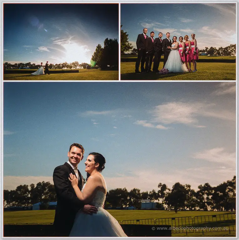Sarah and Chris embrace on the lawns beneath a vast evening sky, bridal party portraits inset above.