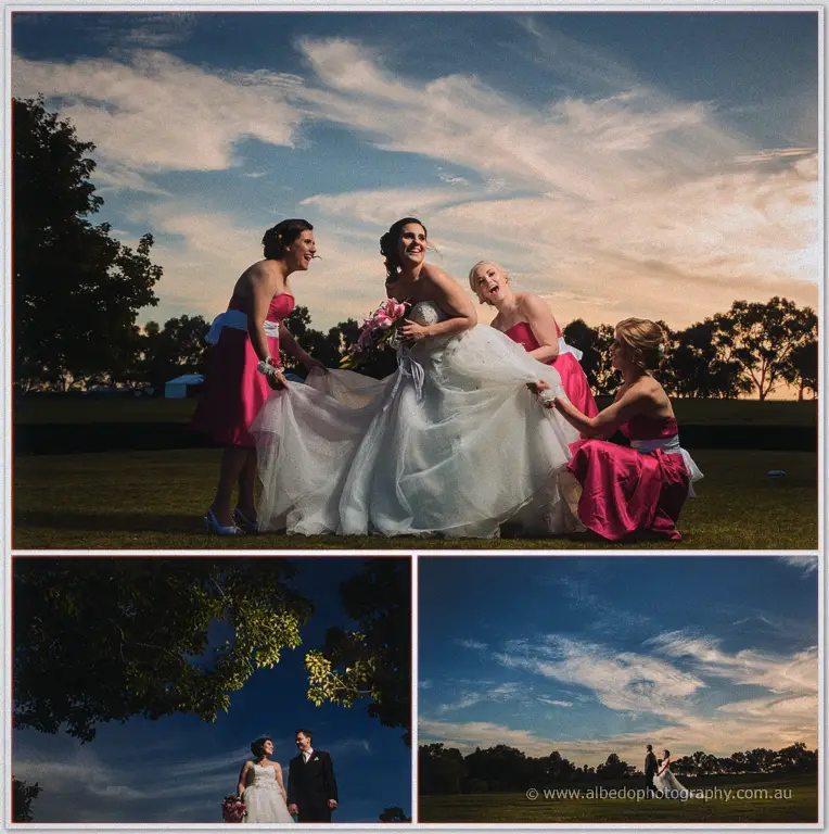 Bridesmaids in pink lift and arrange Sarah's gown as she laughs, dusk portraits of the couple below.