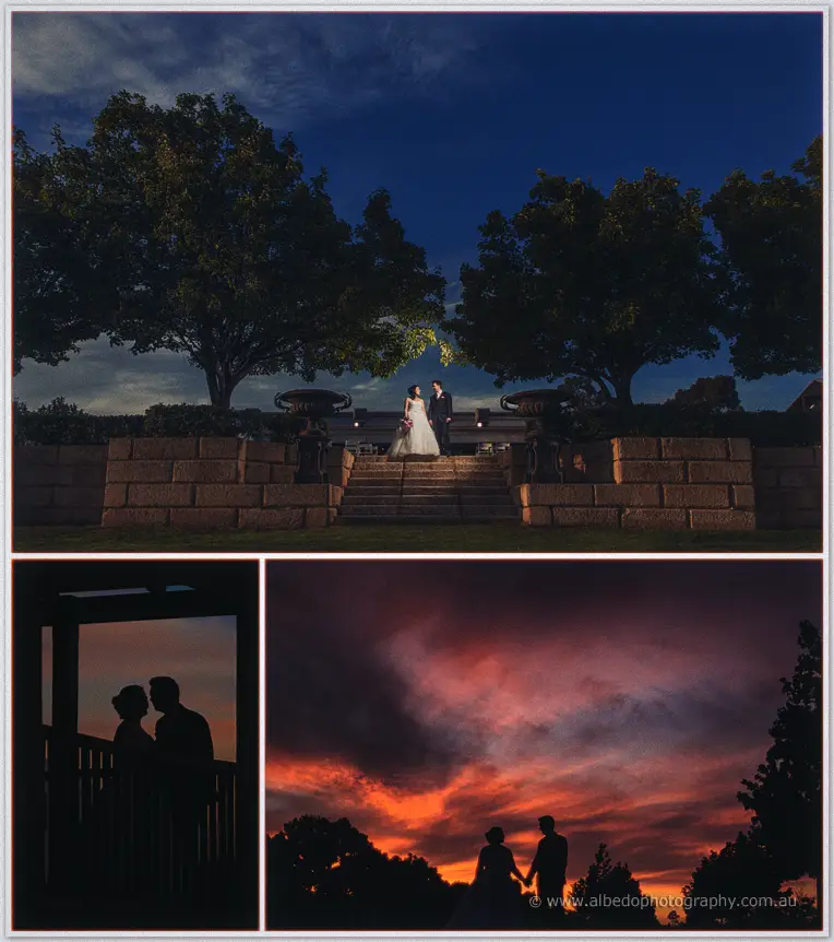 Sarah and Chris lit softly on the Sandalford Winery steps beneath evening trees and a fiery sunset sky