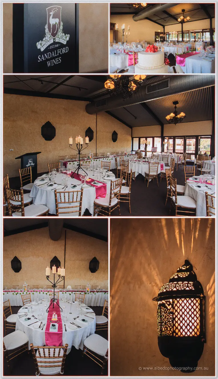 Sandalford Wines signage and the reception room styled with white linen, pink sashes and candelabras.
