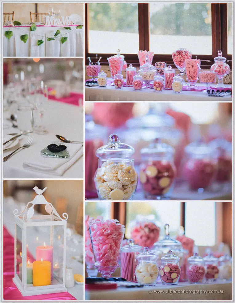 Reception details: Mr and Mrs sign, heart place cards, candle lanterns and a pink lolly buffet in glass jars.