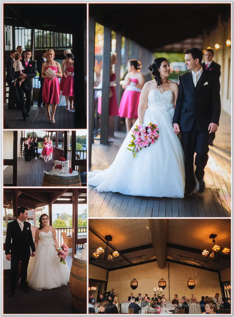 Sarah and Chris walk hand in hand along the timber verandah at dusk, cake barrel and dining room insets.