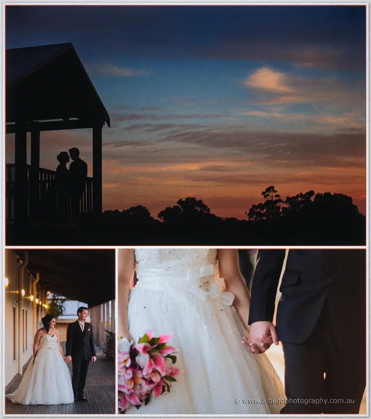Silhouette of Sarah and Chris kissing on a verandah against a fiery sunset, hand-in-hand details below.