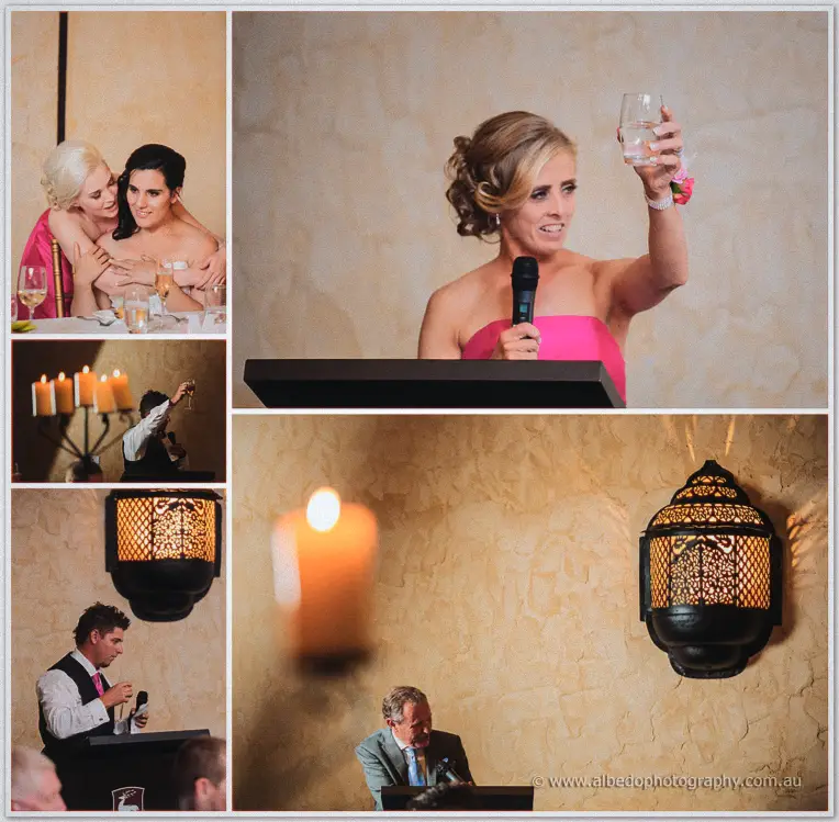 Bridesmaid in pink raises a toast mid-speech while Sarah laughs, a hugging pair and guest speakers inset.