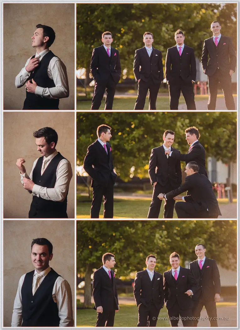 Chris fastens his tie then poses with groomsmen in dark suits and pink ties on a sunlit lawn.