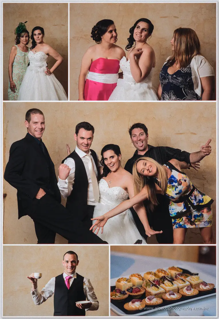 Sarah poses playfully with family and friends against the venue's textured wall, dessert platter inset.