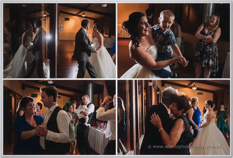 Dance-floor candids: Sarah twirls with a young boy and guests share spins under warm venue lighting.