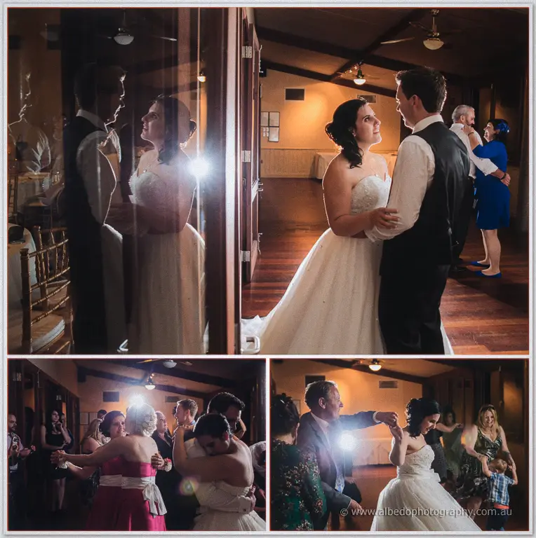 Chris dips Sarah during their dance, mirrored shots catching her reflection and spinning guests around.