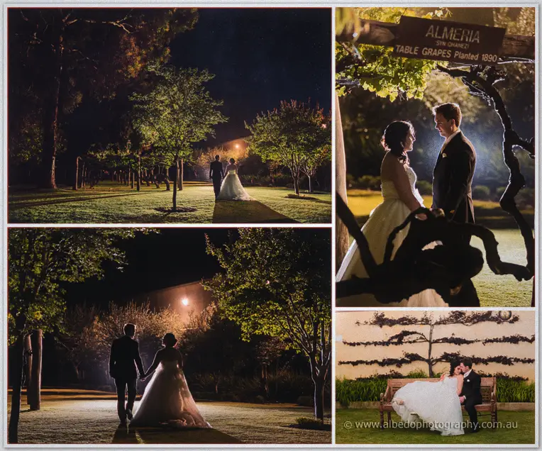 Sarah and Chris stroll the moonlit lawns and pause under the historic Almenia table-grape vine.
