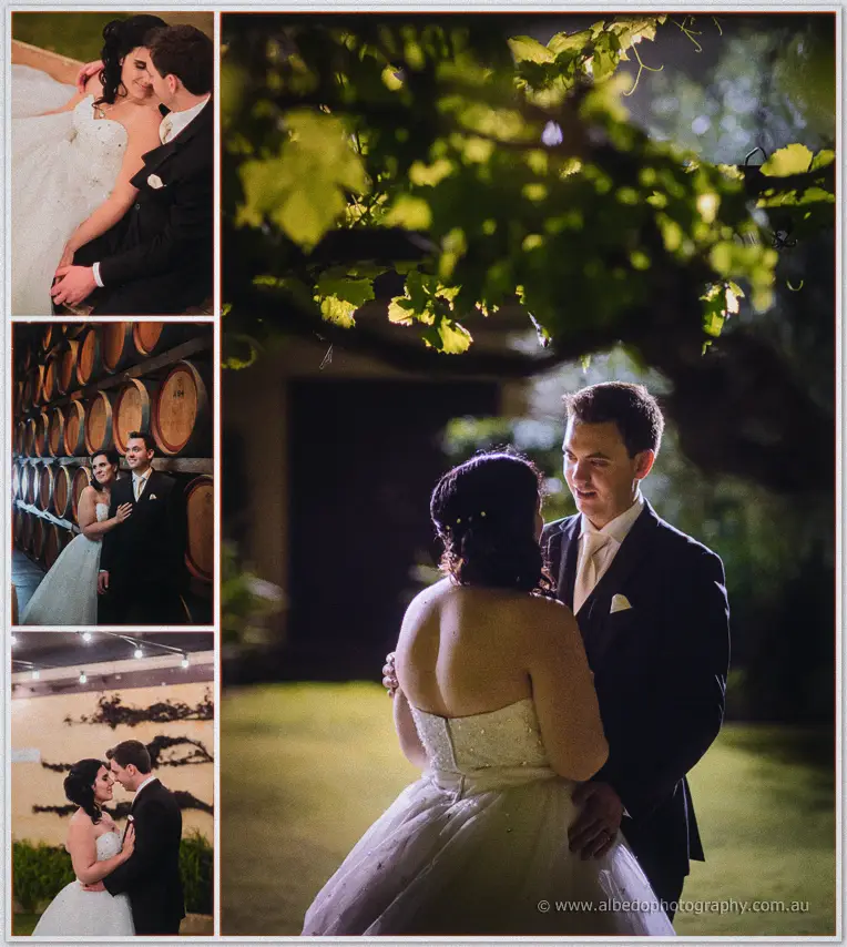 Night portraits of Sarah and Chris by the wine barrels and beneath vine leaves glowing with garden light.