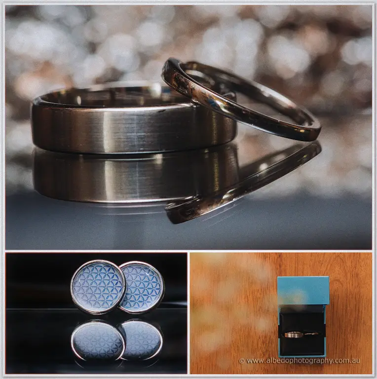 A collage of wedding details with Tara's diamond ring resting on Stephen's gold band and cufflinks