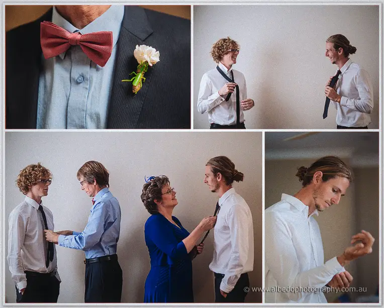 A collage of Stephen's preparations, from his red bow tie and carnation boutonniere to family tying his tie