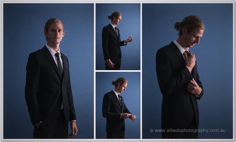 A triptych of Stephen in a navy suit adjusting his tie against a deep blue studio wall