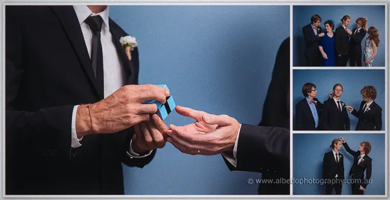Stephen hands a blue ring box to a groomsman in a collage of navy-suited portraits against a blue wall
