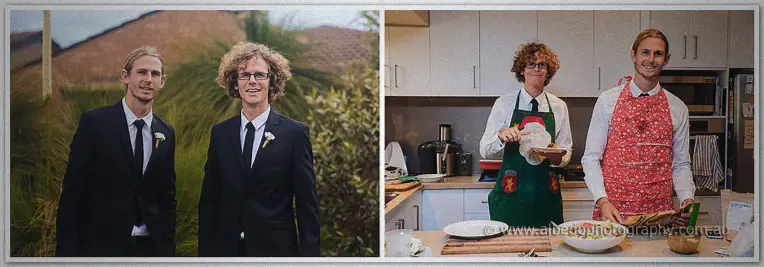 Stephen and his groomsman grin in their navy suits beside a kitchen shot of them cooking in novelty aprons