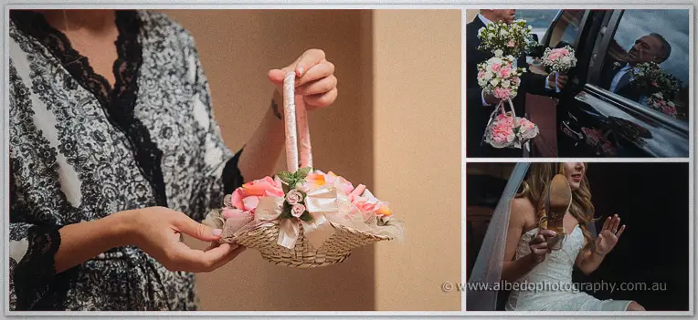 A woman in a black lace robe holds a pink flower-girl basket in a collage with bouquets and a wedding car