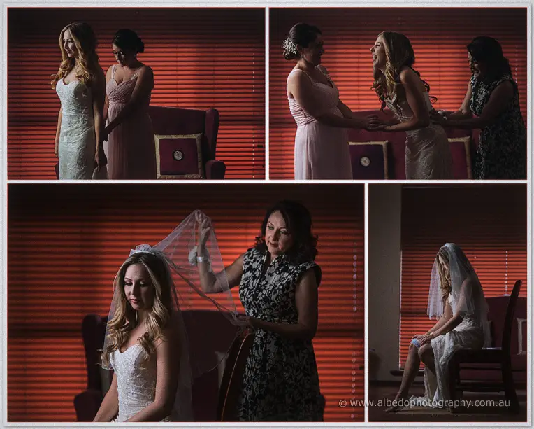 Tara's mother drapes the veil over her daughter's hair in a warmly lit collage of final pre-ceremony touches