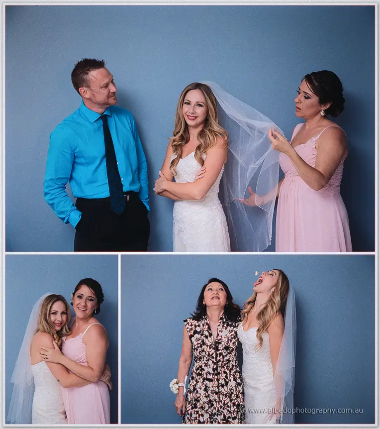 Tara in her lace gown and veil laughs with family against a slate-blue wall in a collage of playful portraits