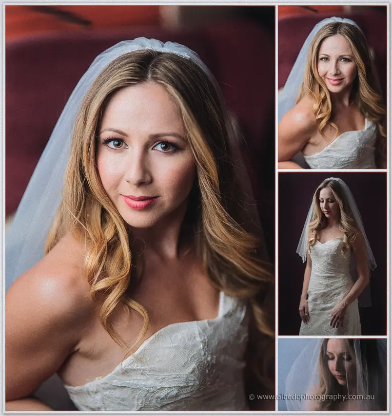 Tara gazes over her shoulder beneath a soft veil in an intimate collage of bridal portraits in low light