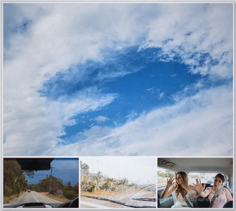 Tara and her bridesmaid react as storm clouds swallow the sky during their drive to the Perth Hills wedding