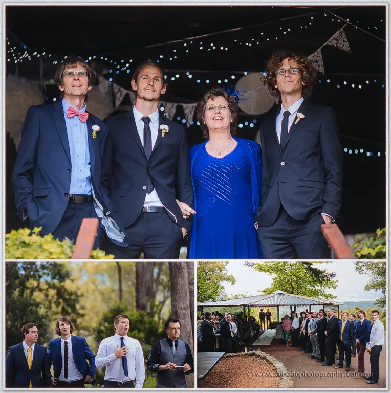 Stephen's family in blue pose beneath festoon lights in a collage with groomsmen and the pergola gathering