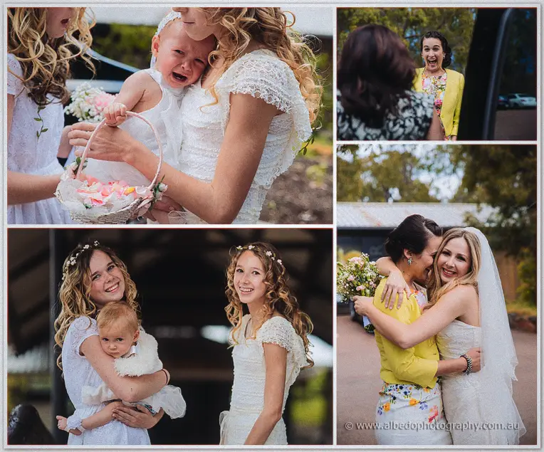 Tara greets tearful flower girls and a friend in a yellow jacket before the Darlington Estate ceremony