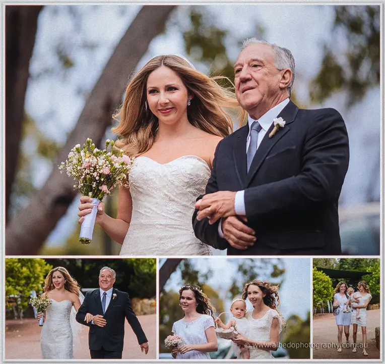 Tara walks the tree-lined path on her father's arm clutching a pale pink bouquet on the way to the ceremony