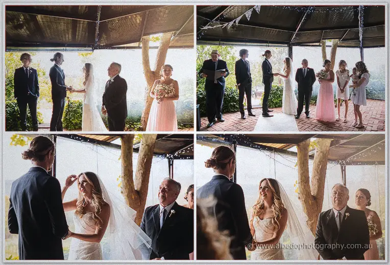 Tara and Stephen exchange vows beneath the vine-covered pergola as the celebrant and bridal party look on