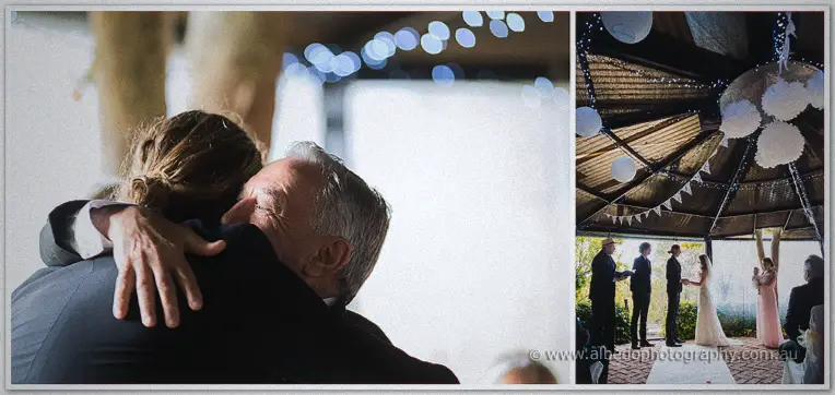 Tara's father embraces Stephen beneath paper lanterns in a collage with the pergola ceremony behind them