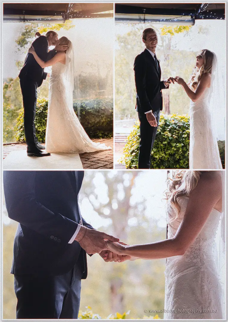 Tara and Stephen share their first kiss under the pavilion canopy then hold hands in soft garden light