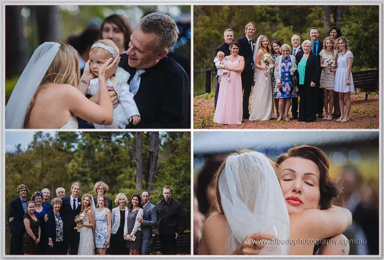 Tara greets the youngest guest and poses with family groups among the estate gardens
