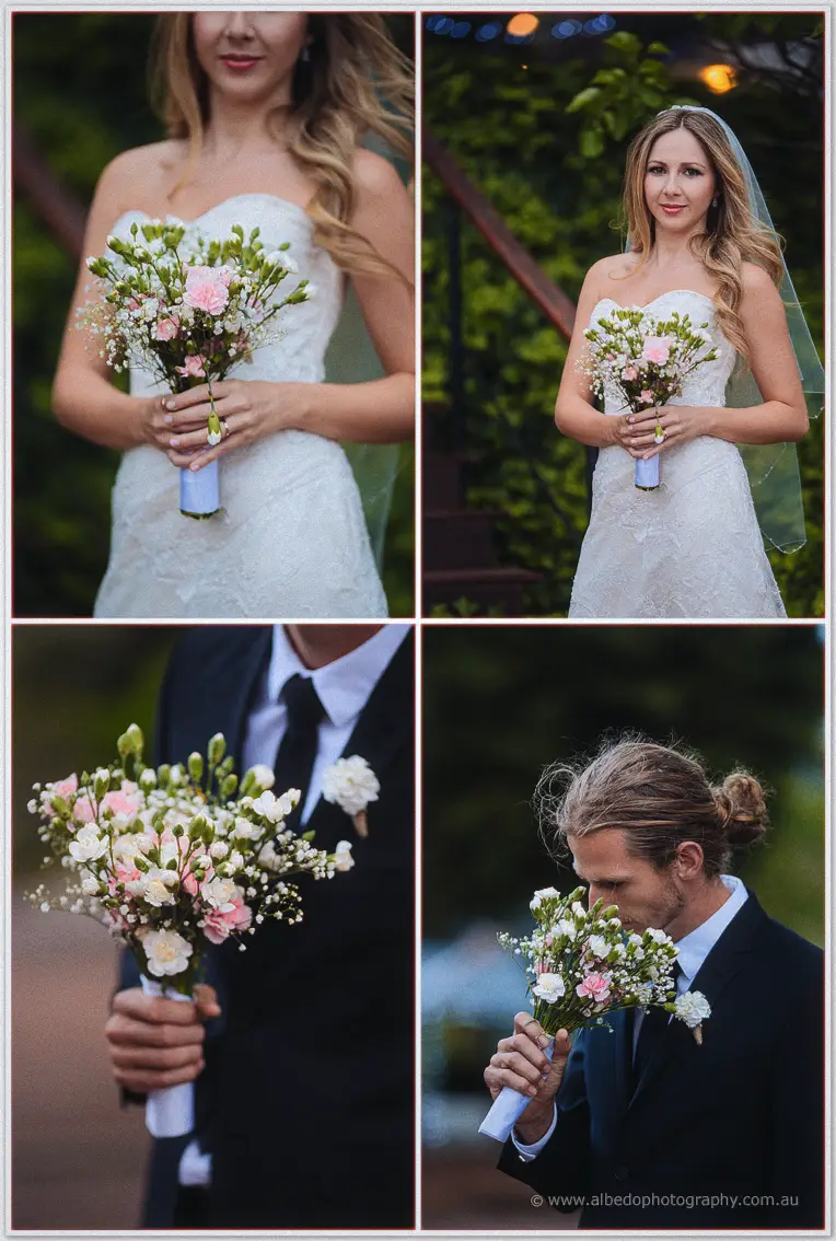 Close-ups of Tara's pastel bouquet and Stephen breathing in its scent on the garden steps