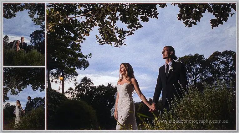 The couple holds hands among tall garden grasses under a moody dusk sky