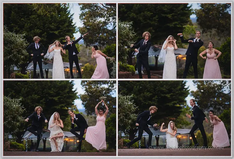The bridal party strikes playful superhero poses on the drive, veils and gowns mid-motion