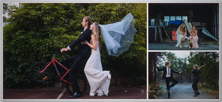 Stephen pedals a red bicycle while Tara runs behind, her long veil billowing past the hedges